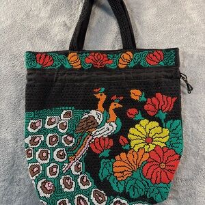 Hand Beaded Peacock Floral Tote Bag Black Multicolor